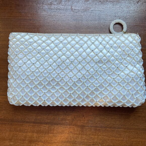 Vintage Richere Ivory Satin Beaded Clutch – Net Overlay, Beaded Zipper Pull